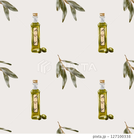Olive oil and leaf pattern design featuring a seamless watercolor print on a light background 127100338
