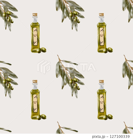 Olive oil bottle and olive branch watercolor pattern design for textile and packaging Olive oil bottle and olive branch watercolor pattern design for textile and packaging 127100339