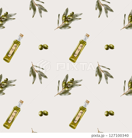 Olive oil design pattern featuring olives and leaves on seamless background 127100340