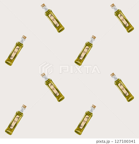 Elegant watercolor pattern featuring olive oil bottles on a light background for textile design 127100341