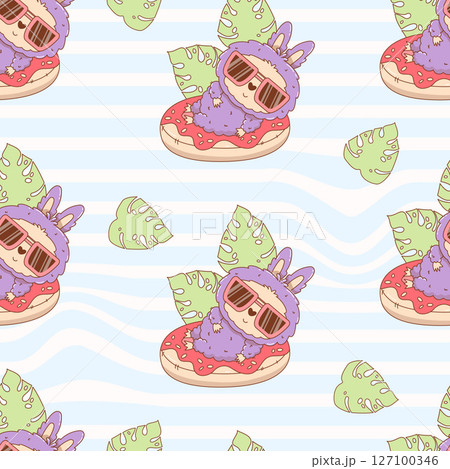 Seamless summer pattern. Cute Monster Toy In sunglasses swim on inflatable donut on striped background with tropical leaves. Beach Cartoon Funny kawaii character. Vector illustration Seamless summer pattern. Cute Monster Toy In sunglasses swim on inflatable donut on striped background with tropical leaves. Beach Cartoon Funny kawaii character. Vector illustration 127100346