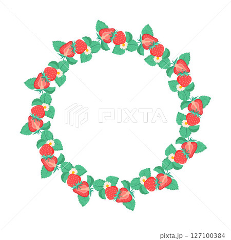 Summer floral wreath with strawberries and their foliage. Round frame of berries, leaves and white flowers. Decoration element for cards and seasonal decor. Vector flat illustration. 127100384