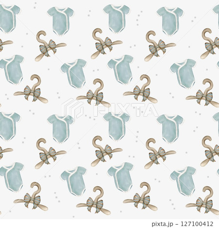Delightful seamless pattern featuring blue baby accessories for nursery decor Delightful seamless pattern featuring blue baby accessories for nursery decor 127100412
