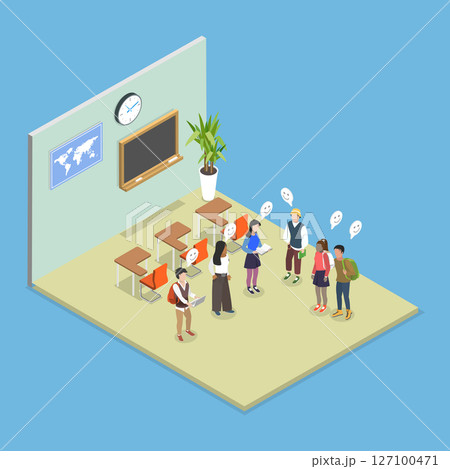 3D Isometric Flat Vector Illustration of Education And Learning, Students Posed In Classroom Holding Books And Computers. 3D Isometric Flat Vector Illustration of Education And Learning, Students Posed In Classroom Holding Books And Computers. 127100471