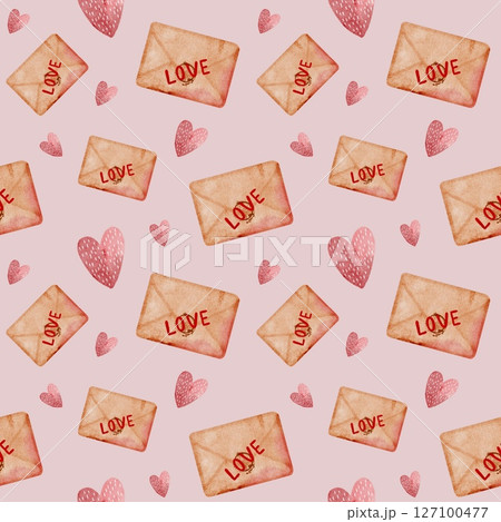 Valentine's Day watercolor pattern featuring hearts and love letters in soft pastel colors 127100477