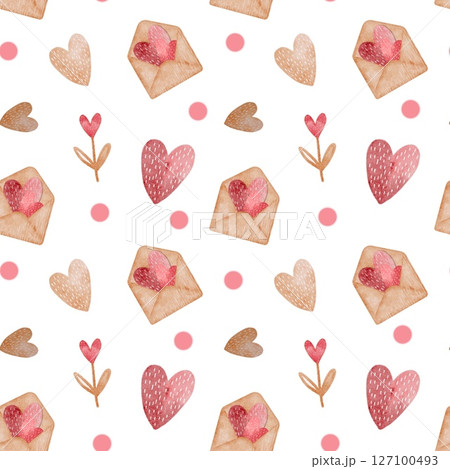 Romantic watercolor pattern featuring hearts, flowers, and love letters for Valentine's Day Romantic watercolor pattern featuring hearts, flowers, and love letters for Valentine's Day 127100493