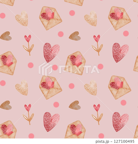 Romantic watercolor Valentine's Day pattern featuring hearts and love letters on a pink backdrop 127100495