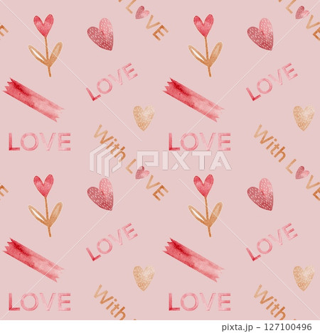 Romantic watercolor pattern celebrating love for Valentine's Day with hearts and floral designs 127100496