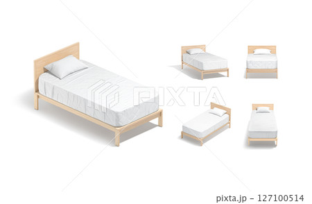 Blank wooden single bed with white bedding mockup, different views 127100514
