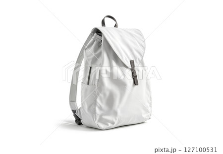 Blank white backpack with black leather belt mockup, ai generated 127100531