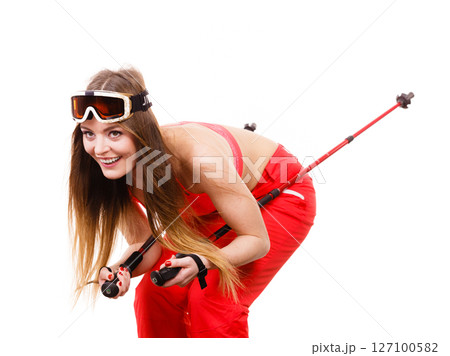 Young lady sliding down. 127100582