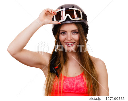 Strong woman with sporty helmet. Strong woman with sporty helmet. 127100583