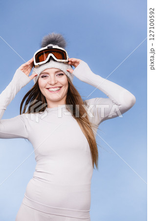 woman in thermal underwear ski googles woman in thermal underwear ski googles 127100592