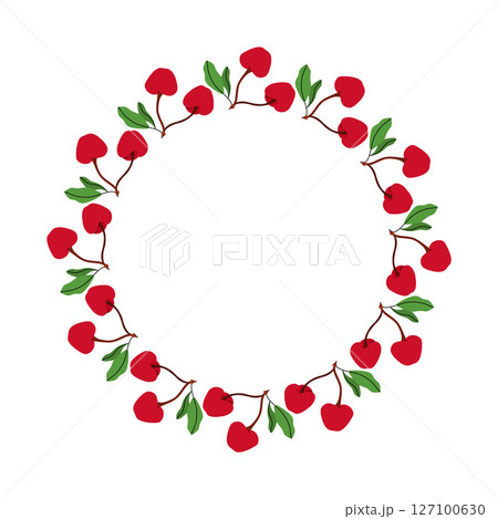 Round floral wreath with two cherries on branch. Summer frame of berries and leaves on twig. Decoration element for cards and seasonal decor. Vector flat illustration. 127100630