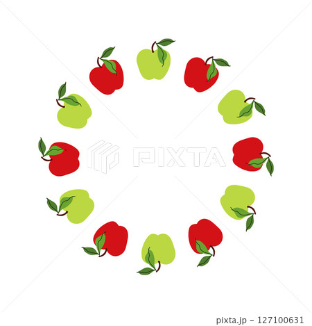 Simple red and green Apple wreath. Round seasonal fruits border. Garden decoration. Round apple frame. Floral wreath. Summer background For poster, banner, cover, invitation. Vector flat illustration. Simple red and green Apple wreath. Round seasonal fruits border. Garden decoration. Round apple frame. Floral wreath. Summer background For poster, banner, cover, invitation. Vector flat illustration. 127100631