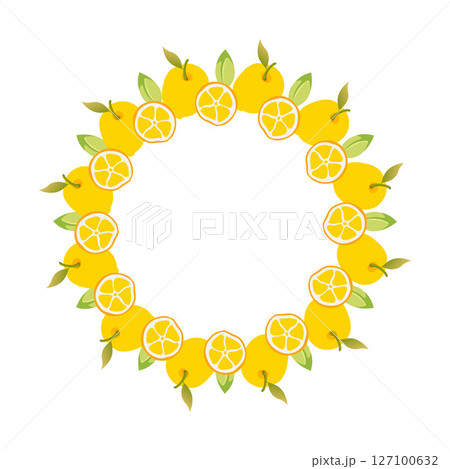 Yellow Lemon Wreath with green Leaves. Round Lemon frame. Whole and slice of citrus. Decoration element for cards and seasonal decor. Vector flat illustration. Yellow Lemon Wreath with green Leaves. Round Lemon frame. Whole and slice of citrus. Decoration element for cards and seasonal decor. Vector flat illustration. 127100632