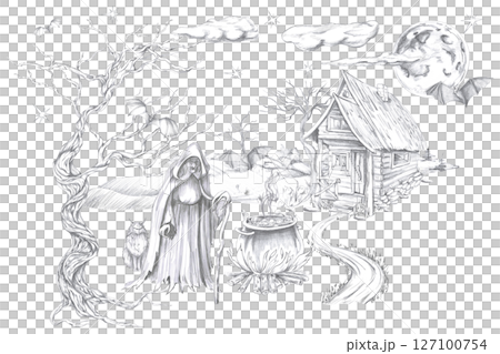 Scene from the life of a witch. Isolated pencil illustration of a witch with a house and trees in the background for postcards, Halloween invitations, book illustrations and posters. 127100754