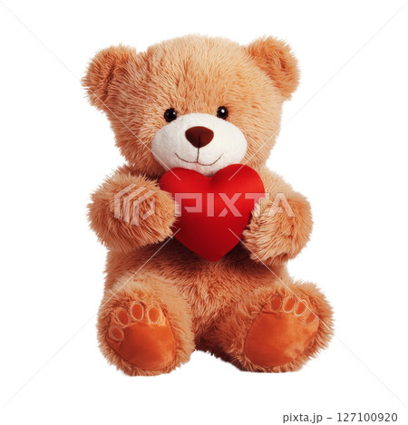 Adorable Brown Teddy Bear Holding a Red Heart - Perfect for Valentine's Day or Romantic Occasions. 127100920