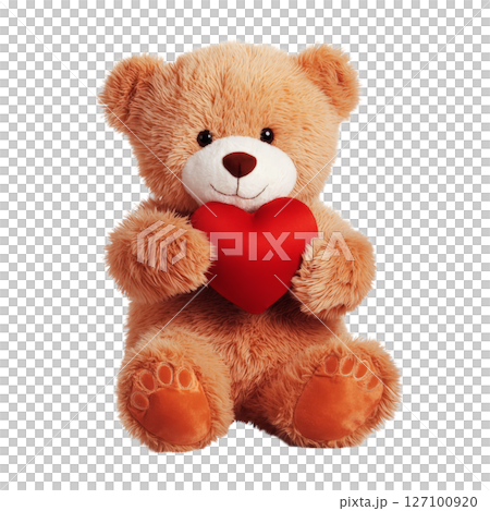 Adorable Brown Teddy Bear Holding a Red Heart - Perfect for Valentine's Day or Romantic Occasions. 127100920
