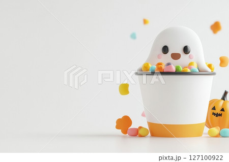 Adorable ghost in candy bucket halloween 3d render 127100922