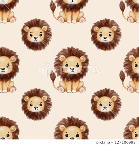 Watercolor lion patterns featuring playful cubs on a light background Watercolor lion patterns featuring playful cubs on a light background 127100998
