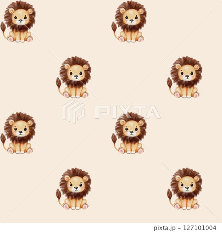 Colorful watercolor lions in a playful pattern on a light background Colorful watercolor lions in a playful pattern on a light background 127101004