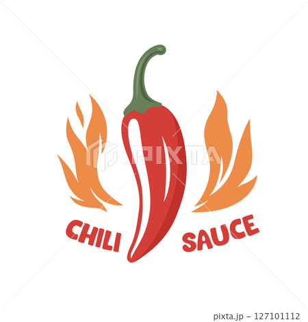 Spicy Chili Pepper With Flames Hot Sauce Logo. Fiery Chili Pepper Illustration For Spicy Food Branding. Chili Pepper Vector Art with Fire for Hot Sauce Label, Icon For Mexican Cuisine 127101112