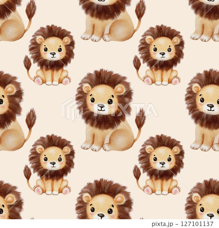 Watercolor depiction of playful lions with detailed fur on a soft background 127101137