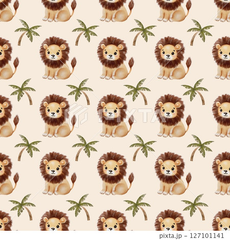 Colorful watercolor patterns featuring playful lions surrounded by palm trees Colorful watercolor patterns featuring playful lions surrounded by palm trees 127101141