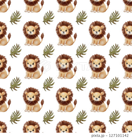 Watercolor pattern featuring playful lions amidst tropical foliage Watercolor pattern featuring playful lions amidst tropical foliage 127101142