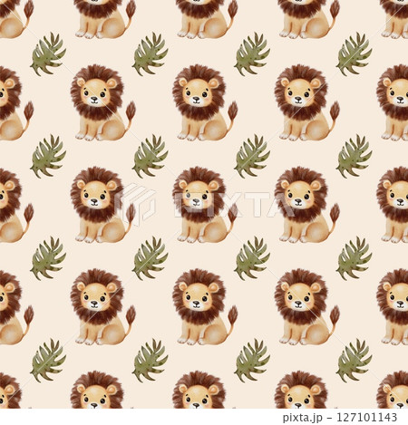Watercolor lion design pattern featuring playful lions and green leaves on a light background Watercolor lion design pattern featuring playful lions and green leaves on a light background 127101143