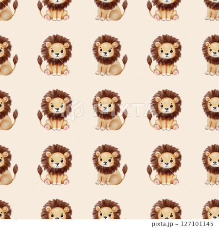 Watercolor lions in a playful pattern on a soft background perfect for children\'s decor 127101145