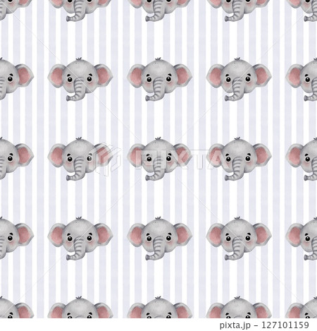 Colorful watercolor elephants in a playful repeating pattern on a light striped background Colorful watercolor elephants in a playful repeating pattern on a light striped background 127101159