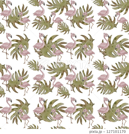 Colorful watercolor depiction of jungle animals among lush tropical foliage 127101170