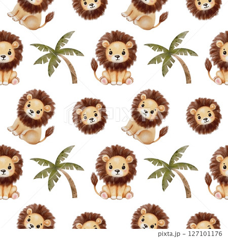 Watercolor jungle animals featuring playful lions surrounded by tropical foliage 127101176