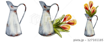 Colorful tulips in a vintage watering can create a cheerful springtime garden pattern design 127101185