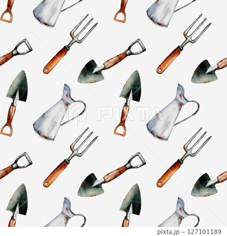 Colorful watercolor garden tools pattern design for spring tulip gardeners 127101189