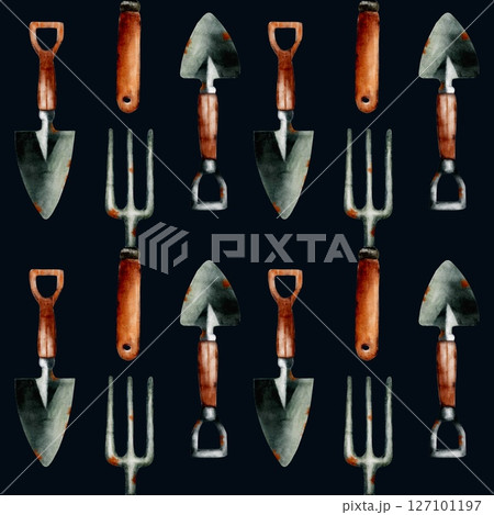 Spring garden tools pattern featuring trowels, forks, and shovels in a watercolor style 127101197