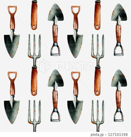 Garden tool pattern design featuring watercolor gardening instruments in a seamless layout 127101198