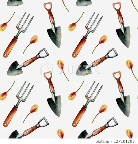 Garden tools and tulip patterns create a seamless design for spring packaging and textiles Garden tools and tulip patterns create a seamless design for spring packaging and textiles 127101205