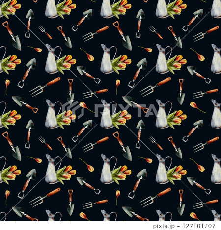 Spring garden tools and tulips pattern for textile and wrapping paper design Spring garden tools and tulips pattern for textile and wrapping paper design 127101207