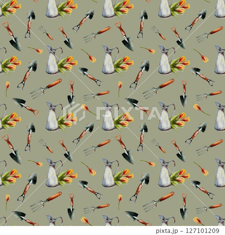 Colorful garden tools and tulips in a seamless watercolor pattern for spring fabric design Colorful garden tools and tulips in a seamless watercolor pattern for spring fabric design 127101209