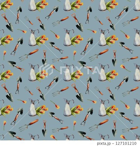 Spring garden tools and tulips watercolor pattern for fabric and packaging designs 127101210