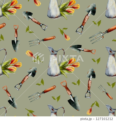 Spring garden tools and tulips watercolor seamless pattern design for fabric and packaging 127101212