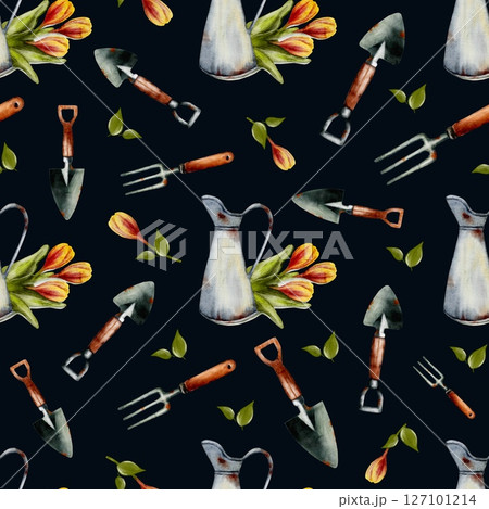 Colorful garden tools pattern featuring tulips and leaves in a seamless design for spring 127101214