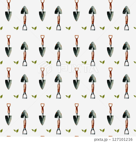 Garden tools pattern featuring trowels and leaves inspired by springtime blooms and tulips Garden tools pattern featuring trowels and leaves inspired by springtime blooms and tulips 127101216