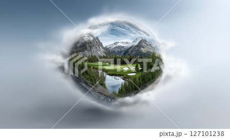Fantasy golf landscape inside a golf ball with mountains and forest, conceptual sport illustration Fantasy golf landscape inside a golf ball with mountains and forest, conceptual sport illustration 127101238
