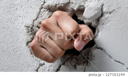 Strong fist breaking through concrete wall symbolizes resilience and strength Strong fist breaking through concrete wall symbolizes resilience and strength 127101244