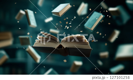 Books floating in the air create a magical library atmosphere 127101258