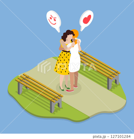 3D Isometric Flat Vector Illustration of Bad Friendship, Betrayal 3D Isometric Flat Vector Illustration of Bad Friendship, Betrayal 127101284